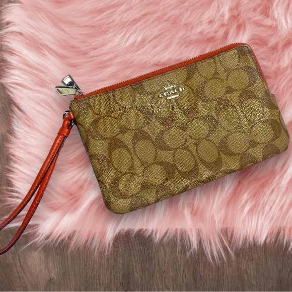 Coach Handbags - COACH Bag Large Corner Zip Wristlet Purse Signature Canvas With Orange Details